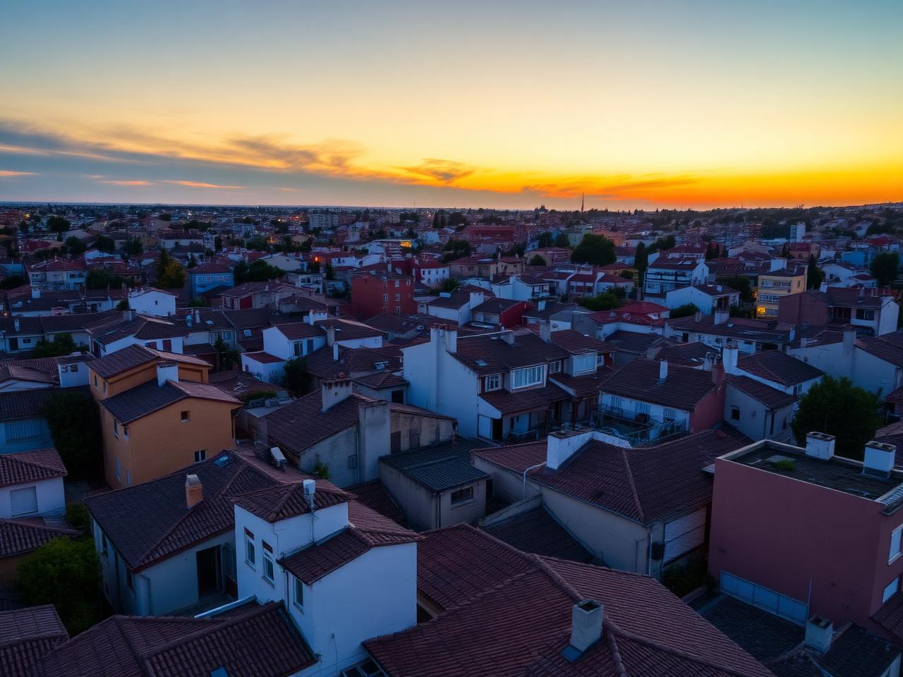 Vista aérea de tejados de un barrio residencial al atardecer